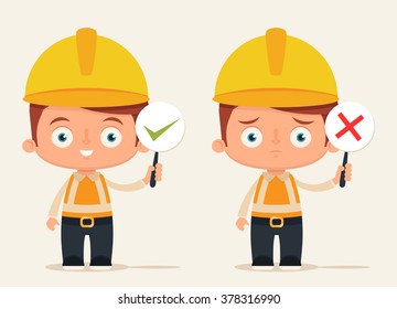 Cute Cartoon Builders Holding Right and Wrong Signs. Vector Set