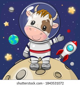 Cute Cartoon Bull astronaut on the moon on a space background