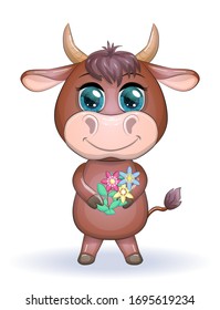 Cute cartoon bull with beautiful blue eyes with a bouquet of flowers. Children's illustration.
