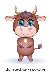 Cute cartoon bull with a bell on his neck with beautiful blue eyes. Children's illustration.