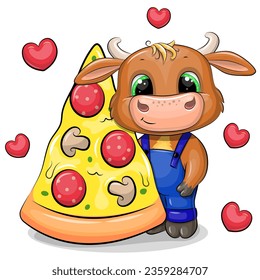 Cute cartoon bull with a big piece of pizza. Vector illustration of animal on a white background with red hearts.