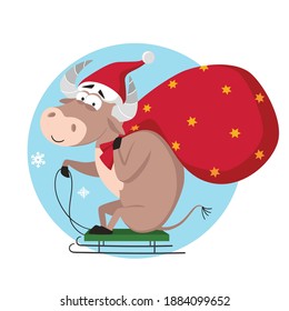 Cute cartoon bull with a big red Santa sack.