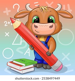 Cute cartoon bull with a big red pencil and books. School animal vector illustration on colorful background.