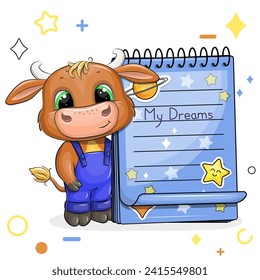 A cute cartoon bull and a blue notebook with stickers. Vector illustration of animal on a white background with stars, circles.