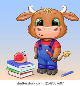 Cute cartoon bull with books and pencils. Vector illustration of an animal on a blue background.