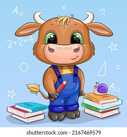 Cute cartoon bull with books and pencils. Vector illustration of an animal on a blue background.