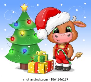 Cute cartoon bull with candy cane, gifts and Christmas tree. Vector illustration on the blue background with snow.