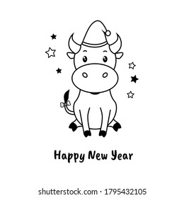 Cute cartoon bull with a cap and stars.. Hand drawn vector illustration. Black contour drawing isolated on white. Single funny happy animal character. Symbol 2021. for design, card, print, decor etc.