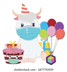 Cute cartoon bull with chocolate cake in face mask illustration.