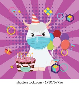 Cute cartoon bull with chocolate cake in face mask illustration.