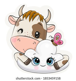 Cute Cartoon Bull with cloud on a white background