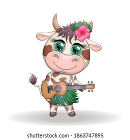 Cute cartoon bull, cow with beautiful eyes, Hawaiian hula dancer character with ukulele guitar among leaves, flowers. Tropical New Year Chinese cute bull mascot 2021