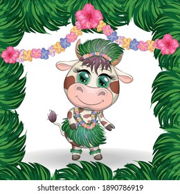 Cute cartoon bull, cow with beautiful eyes, character of a Hawaiian hula dancer among leaves, flowers. Chinese New Year Cute Bull Mascot