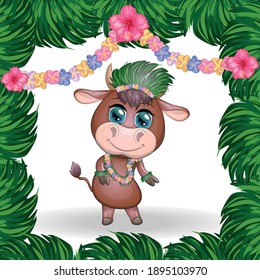 Cute cartoon bull, cow with beautiful eyes, character of a Hawaiian hula dancer among leaves, flowers. Chinese New Year Cute Bull Mascot