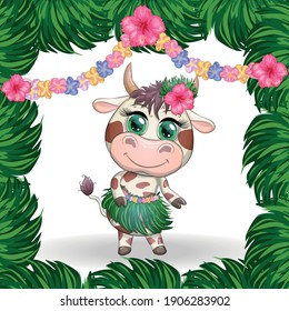 Cute cartoon bull, cow with beautiful eyes, character of a Hawaiian hula dancer among leaves, flowers. Chinese New Year Cute Bull Mascot