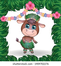 Cute cartoon bull, cow with beautiful eyes, character of a Hawaiian hula dancer among leaves, flowers. Chinese New Year Cute Bull Mascot