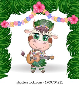 Cute cartoon bull, cow with beautiful eyes, Hawaiian hula dancer character with ukulele guitar among leaves, flowers. Tropical New Year Chinese cute bull mascot 2021