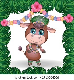 Cute cartoon bull, cow with beautiful eyes, character of a Hawaiian hula dancer among leaves, flowers. Chinese New Year Cute Bull Mascot