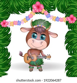 Cute cartoon bull, cow with beautiful eyes, Hawaiian hula dancer character with ukulele guitar among leaves, flowers. Tropical New Year Chinese cute bull mascot 2021