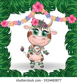 Cute cartoon bull, cow with beautiful eyes, character of a Hawaiian hula dancer among leaves, flowers. Chinese New Year Cute Bull Mascot