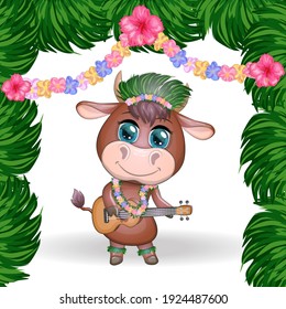 Cute cartoon bull, cow with beautiful eyes, Hawaiian hula dancer character with ukulele guitar among leaves, flowers. Tropical New Year Chinese cute bull mascot 2021