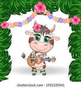 Cute cartoon bull, cow with beautiful eyes, Hawaiian hula dancer character with ukulele guitar among leaves, flowers. Tropical New Year Chinese cute bull mascot 2021