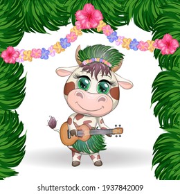 Cute cartoon bull, cow with beautiful eyes, Hawaiian hula dancer character with ukulele guitar among leaves, flowers. Tropical New Year Chinese cute bull mascot 2021