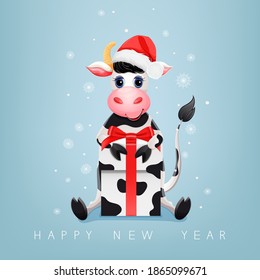 Cute cartoon bull, cow with gift and santa claus hat, sits on blue background. Happy New Year.