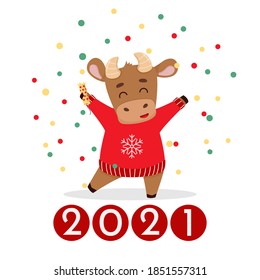 Cute cartoon bull with cracke, symbol 2021. Design for greeting cards, stickers, banners, prints. Xmas card. Happy new year 2021. Vector colorfull illustration.