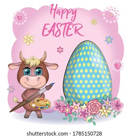 Cute cartoon bull with an Easter egg, symbol 2021 on the eastern calendar