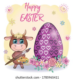 Cute cartoon bull with an Easter egg, symbol 2021 on the eastern calendar