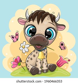 Cute cartoon Bull with flowers on a blue background