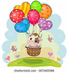 Cute Cartoon Bull is flying on balloons