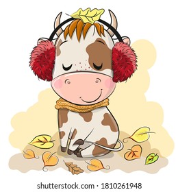 Cute Cartoon Bull With Fur Headphones And Scarf