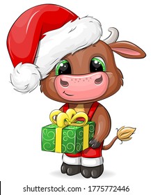 Cute cartoon bull with gift in a Santa`s hat. Vector illustration of animal isolated on white. 