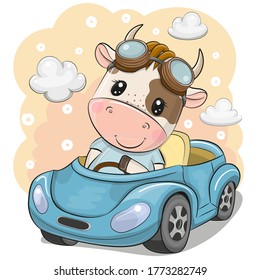 Cute Cartoon Bull in glasses goes on a Blue car