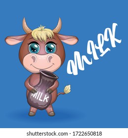 Cute cartoon bull with a jug of milk, symbol 2021 on the eastern calendar.