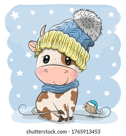 Cute Cartoon Bull in a knit cap and a bird