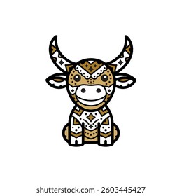 Cute cartoon bull logo, ethnic style design, buffalo linear logotype, funny smiling cow emblem, vector illustration