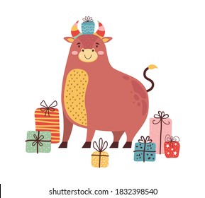 Cute cartoon bull with lots of gifts. Symbol of the 2021 New year. Happy ox celebrates Christmas. Funny cow character. Holiday card or banner for Christmas, new year, birthday in Scandinavian style