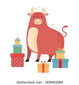 Cute cartoon bull with lots of gifts. Happy ox celebrates birthday. Funny cow character. Symbol of the 2021 New year. Holiday card or banner for Christmas, new year, bday. Vector flat illustration.