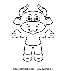 Cute Cartoon Bull Mascot Outline Vector Illustration. Bull standing with its arms open wide, as if welcoming or offering a big hug. The bull has a cheerful expression with large, round eyes.