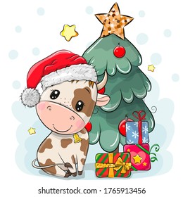 Cute Cartoon Bull is near the Christmas tree