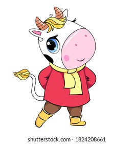 Cute cartoon bull. New year 2021 symbol - ox. Vector illustration isolated on white