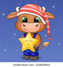 Cute cartoon bull in a nightcap holding a star. Night vector illustration with an animal on a blue background.