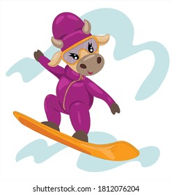 Cute cartoon Bull on 
snowboard on blue background.  
Cow Print for T-shirt, sweater, notepad. Winter sports. Symbol of  new year and christmas. 