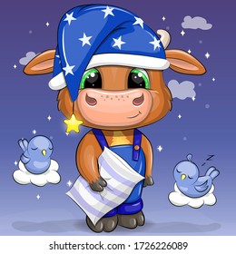 Cute cartoon bull with a pillow goes to sleep. Vector illustration of an animal with birds on a dark blue night background.