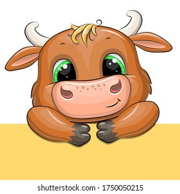 Cute cartoon bull with a placard. Vector illustration of an animal with big green eyes isolated on white.