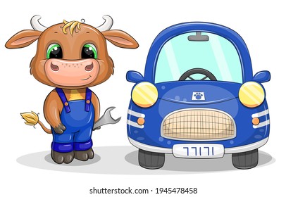 A cute cartoon bull repairs a blue car. Vector illustration of animal and car isolated on white.