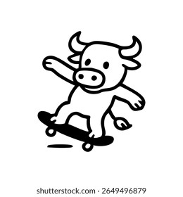 Bonito touro de desenho animado montando um skate